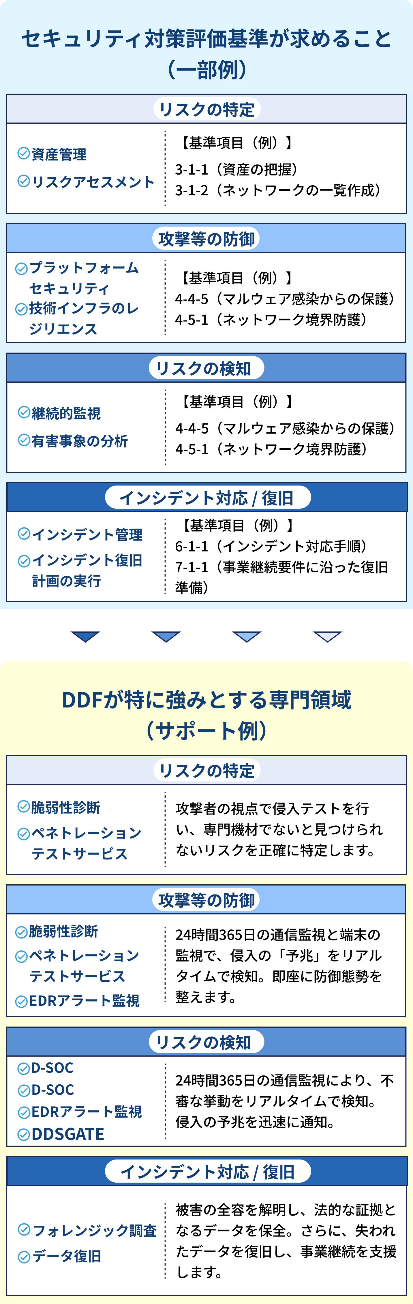 セキュリティ対策評価基準が求めること（一部例）| DDFが特に強みとする専門領域（サポート例）